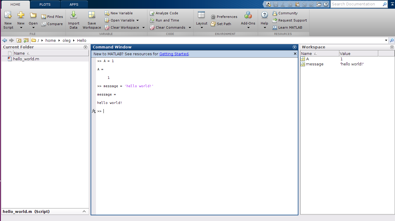 Matlab Workspace example.
